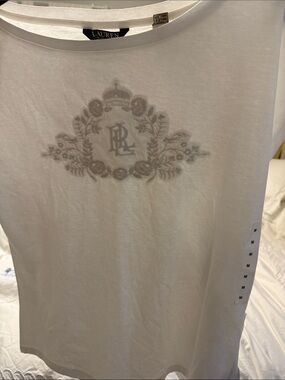 LAUREN Ralph Lauren White Embroidered Short Sleeve Tee with Crest